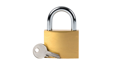 A shiny gold padlock with a silver shackle rests against a black background. A small key sits beside it