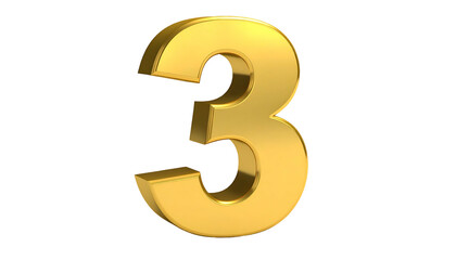 A shiny, golden three stands out boldly against a solid black background, showcasing its three-dimensional form