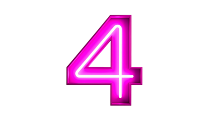 Illuminated number four, glowing neon, with a vibrant pink-magenta color. Outlined in white on a deep black backdrop