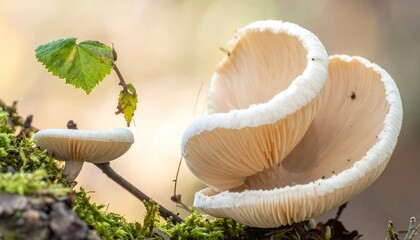 Close-up of delicate white mushrooms growing on mossy wood with a small green leaf.