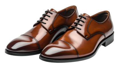 A pair of polished, leather dress shoes with black laces, captured against a dark background, reflecting light