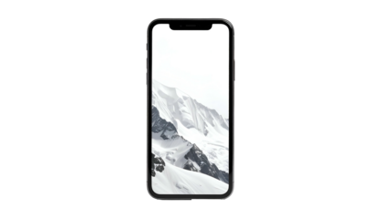 A sleek, modern smartphone displays a monochrome landscape of snowy mountains, appearing isolated against a dark backdrop