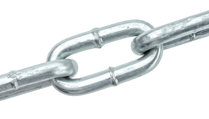 Close-up of a portion of a metal chain against a black background. The links are connected, displaying a secure connection