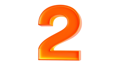 A vibrant, glossy, orange numeral "2" with gradient shading and a subtle glow, isolated on a stark black background
