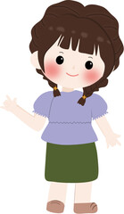 Fototapeta premium A cheerful cartoon illustration of a young girl wearing a brown hijaband cream sweater with line pattern, smiling and waving isolated on transparent background