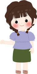 A cheerful cartoon illustration of a young girl wearing a brown hijaband cream sweater with line pattern, smiling and waving isolated on transparent background