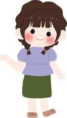 A cheerful cartoon illustration of a young girl wearing a brown hijaband cream sweater with line pattern, smiling and waving isolated on transparent background