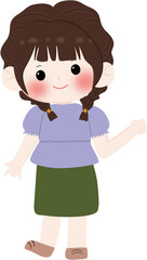 A cheerful cartoon illustration of a young girl wearing a brown hijaband cream sweater with line pattern, smiling and waving isolated on transparent background