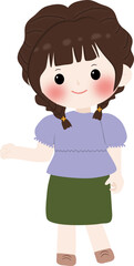 A cheerful cartoon illustration of a young girl wearing a brown hijaband cream sweater with line pattern, smiling and waving isolated on transparent background