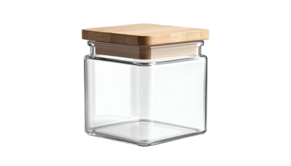 A transparent square glass jar sits atop a solid black backdrop. The jar is topped with a light-brown wooden square lid. The details are clear