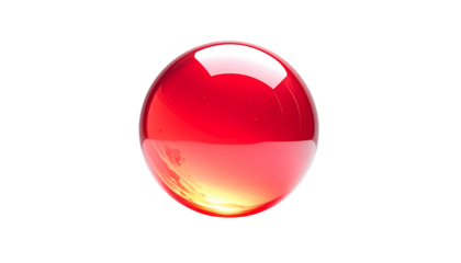 A vibrant, glossy, red sphere reflects a hint of a sunrise against a contrasting black background, exhibiting a polished surface