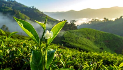 Lush Green Tea Plantation at Sunrise with Misty Mountains.