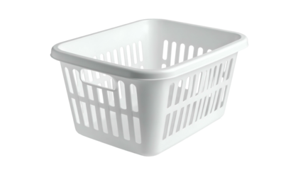 A white plastic laundry basket is set against a black background. It has a rectangular shape with many holes for air circulation