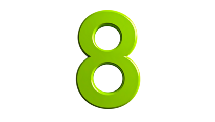A vibrant, three-dimensional numeral eight in a bright green hue is centered against a stark black background, creating a bold, eye-catching visual