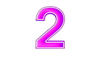 A vibrant, neon-style number "2" glows brightly against a stark black background. The digit has a two-tone pink and purple gradient