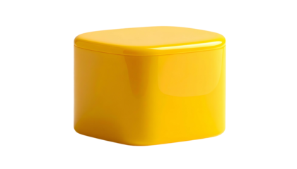 A vibrant, yellow, rounded rectangular object, highly reflective on a stark black background. It appears three-dimensional and stands alone