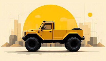High Clearance Yellow Monster Pickup Truck with Sunset Background