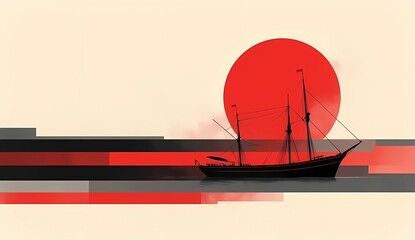 Silhouette of Classic Sailing Ship against Large Red Sun