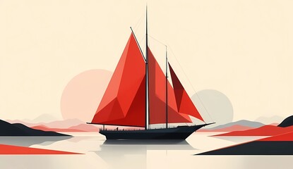 Minimalist Sailing Boat with Red Geometric Sails on Calm Sea