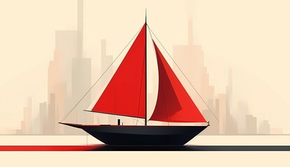 Modern Sailboat Illustration with City Skyline Background