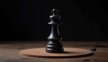 Black King Chess Piece on Wooden Table with Dark Background