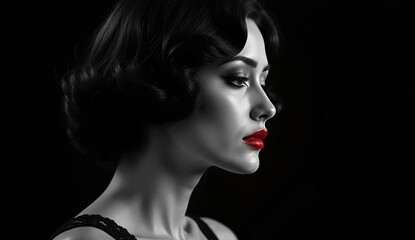 Elegant Woman Portrait in Vintage Noir Style with Red Lips