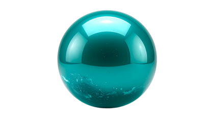 A vibrant, highly reflective teal sphere is isolated against a stark black backdrop, creating a captivating visual effect
