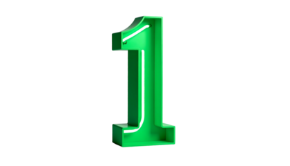 A vibrant, three-dimensional numeral "1" rendered in a striking green hue. Its edges are defined with a thin white neon outline, set against a black background