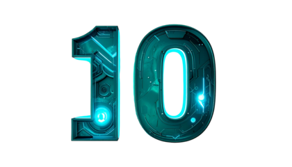 Futuristic digital representation of the number ten, rendered with glowing teal accents against a solid black background
