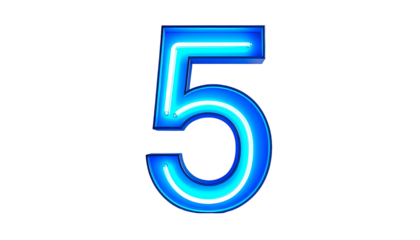 Illuminated numeral "5" glows against a stark black background. The digit is rendered in a neon-like style, displaying light blue