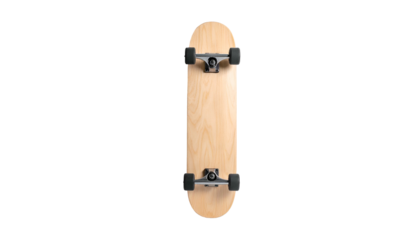 Overhead shot of a new, bare wooden skateboard against a black background. The deck is light brown with black trucks and wheels