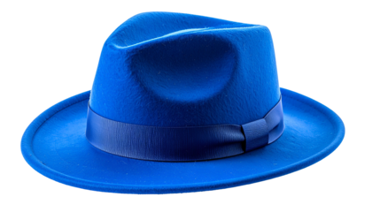 A vibrant, close-up studio shot of a classic, bright blue fedora. It?s isolated against a transparent background, showcasing details. The hat features a dark ribbon band