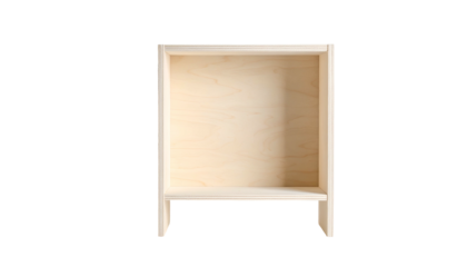 Overhead studio shot featuring a simple, wooden storage unit against a stark black backdrop. It's a vertically oriented cabinet