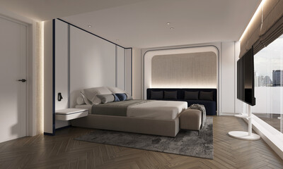 Modern mock up design of bedroom interior have white side table, modern bed with white pattern wall background. 3d rendering

