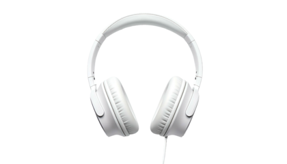Overhead, white, wired, cushioned headphones isolated against a black background, showcasing the product in a studio style