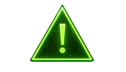 Illuminated green warning icon, a neon triangle, with an exclamation mark at its center