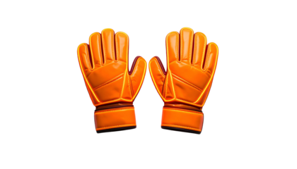 Pair of bright orange protective gloves, isolated on black, with raised stitched details and a slight sheen, representing safety