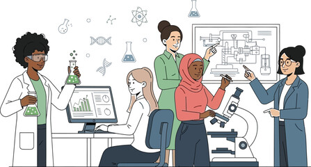 Diverse group of dedicated female scientists collaborating closely in a modern laboratory setting while conducting important scientific research and experimentation