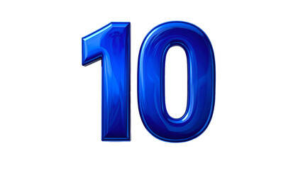 Glossy, three-dimensional representation of the number ten against a solid black backdrop. Blue, reflective, and rendered with highlights and shadows