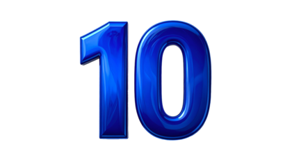 Glossy, three-dimensional representation of the number ten against a solid black backdrop. Blue, reflective, and rendered with highlights and shadows