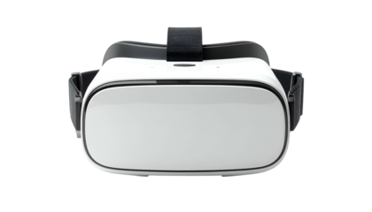 A pristine white and black VR headset, showcasing a sleek, modern design. Front-facing, isolated on a black background