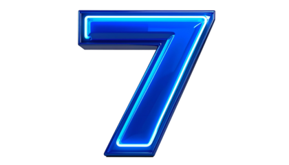 A luminous, three-dimensional numeral seven rendered in a vibrant blue with a neon-style outline, isolated on a stark black background