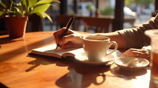 カフェのテーブルで人物がノートに書き込む手元を捉えたクローズアップ映像。
近くにはコーヒーカップが置かれ、自然光が柔らかく差し込む。