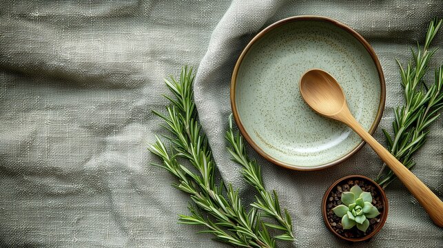 Natural and minimalist, dinner plate wooden spoon, rosemary succulent linen background, suitable for catering plating promotional posters, lifestyle aesthetics brand marketing materials
