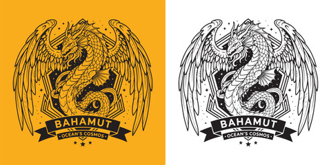 Bahamut Sea Dragon King Mascot Logo with Celestial Wings