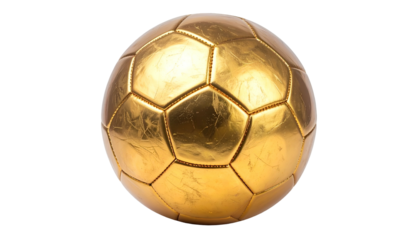 A close-up studio shot showcases a golden soccer ball with reflective surfaces, its pentagons and hexagons distinct. The ball floats against a black void