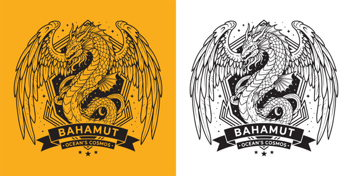 Bahamut Sea Dragon King Mascot Logo with Celestial Wings
