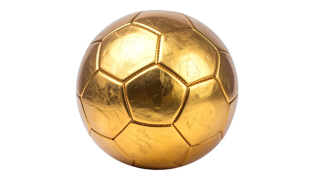 A close-up studio shot showcases a golden soccer ball with reflective surfaces, its pentagons and hexagons distinct. The ball floats against a black void