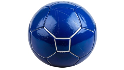 A close-up shot of a glossy, royal blue, soccer ball, with white stitching, set against a transparent backdrop