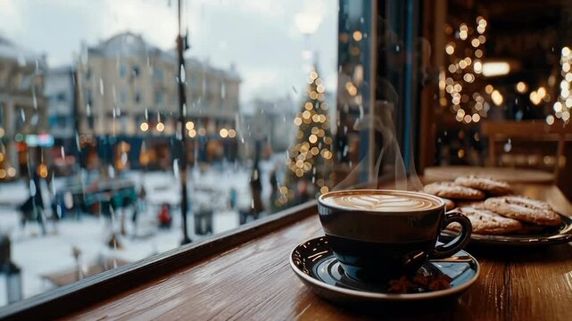 Cozy holiday scene with a steaming cup of latte art coffee and cookies by the window, overlooking a snowy city street with Christmas lights and beautiful bokeh effects.